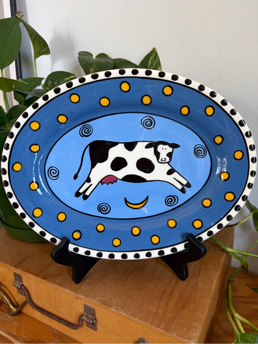 Vintage Handmade Catfish Moon Ceramic Cow Serving Platter